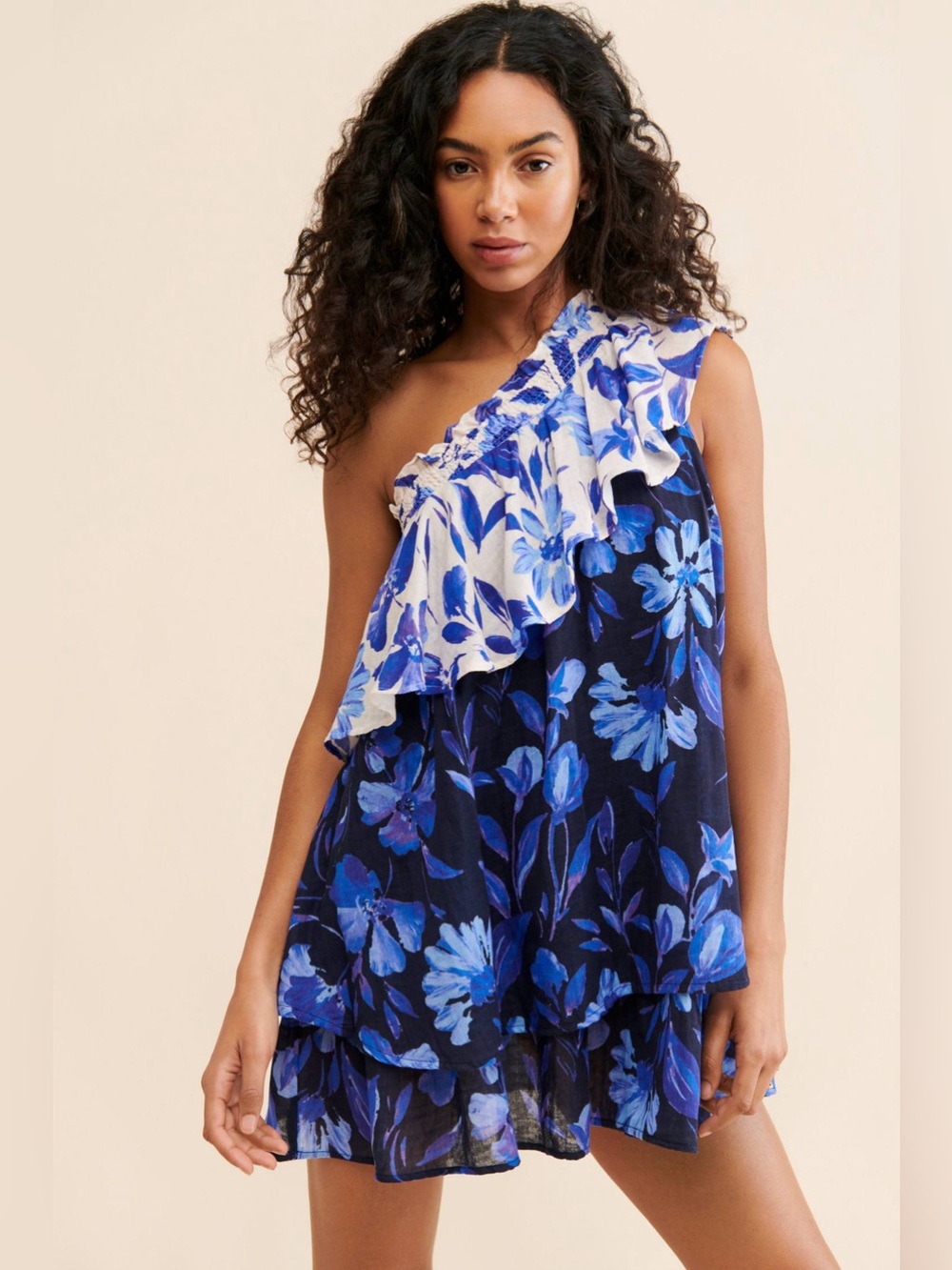 Anthropologie Floral One-Shoulder Ruffle Purple Cotton Gauze Mini Dress Size XS